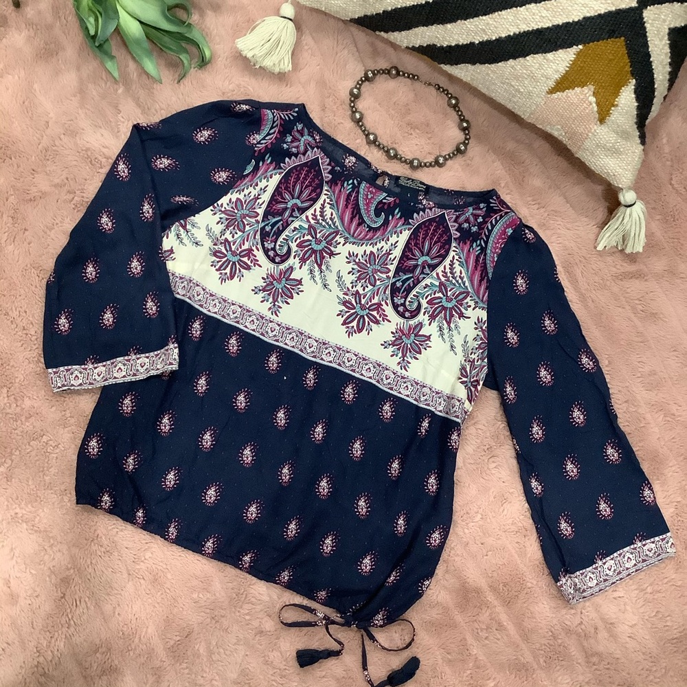 Lucky Brand Draw String Patterned Blouse